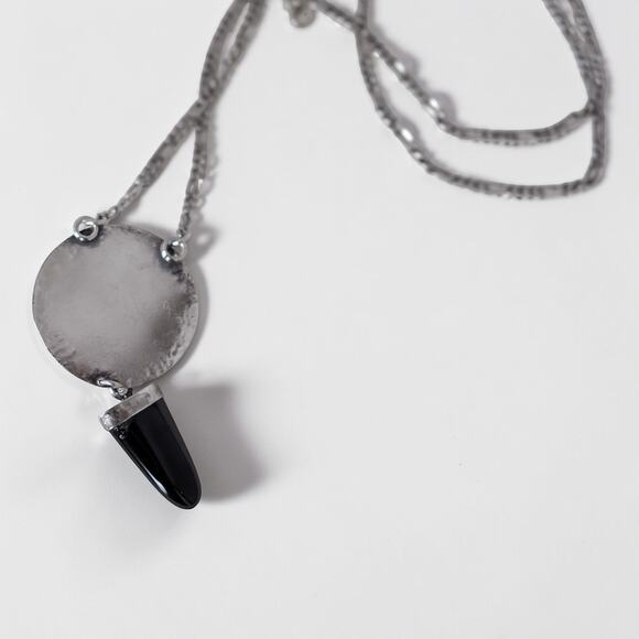 Vintage Sterling Silver Black Onyx Amber Resin Pendant Necklace Artisan 26 Inch - Picture 2 of 12